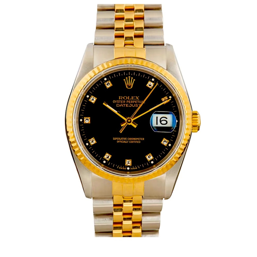 Rolex Datejust 
36MM Steel & 18k Gold, Fluted Bezel Black Diamond Dial,